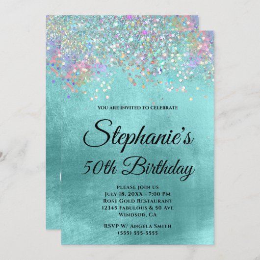 Holo Glitter Bleek Aqua Blue Folie Fancy Monogram Kaart (Voorkant / Achterkant)