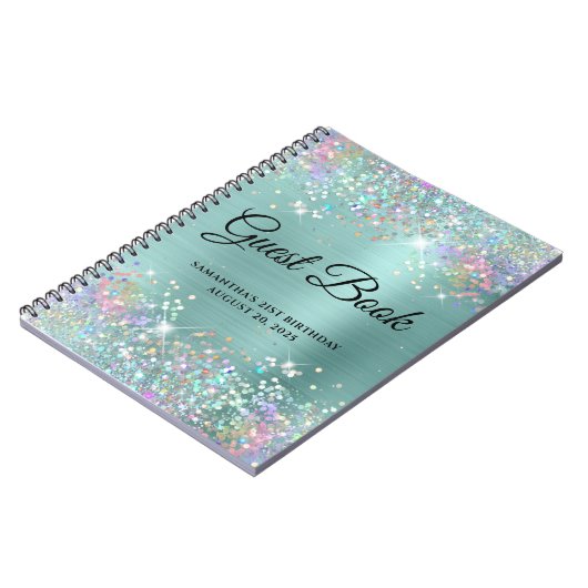 Holo Glitter Bleek Turquoise 21st Bday Guestbook Notitieboek (Linkerzijde)