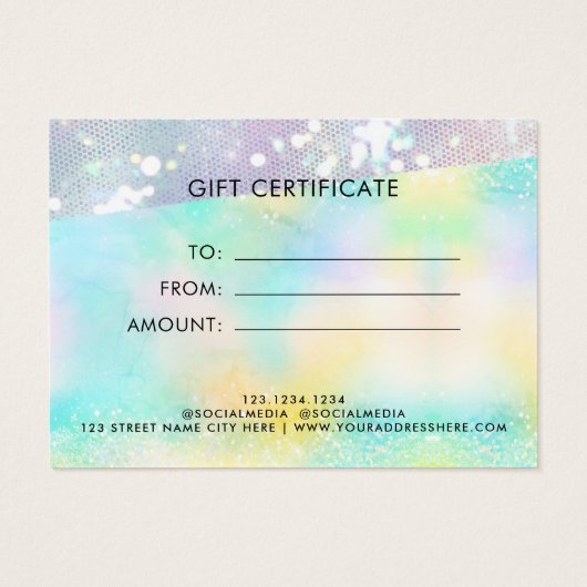 Holo Glitter Pastel Modern Certificaat Cadeau Kaar Visitekaartje (Achterkant)