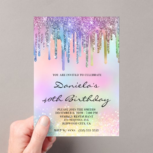 Holo Glitter Rainbow Drips 40th Birthday Acryl Uitnodigingen (Insitu (Draagbaar))