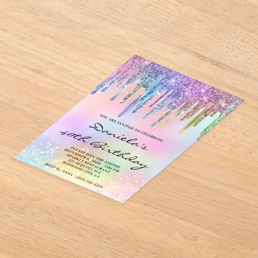 Holo Glitter Rainbow Drips 40th Birthday Acryl Uitnodigingen (Laagn)