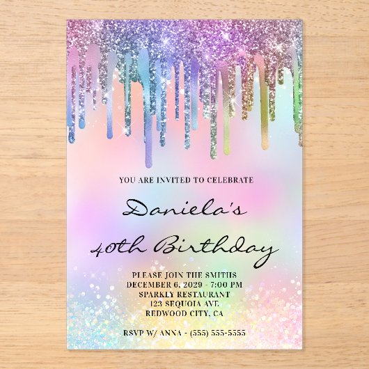 Holo Glitter Rainbow Drips 40th Birthday Acryl Uitnodigingen (Voorkant)