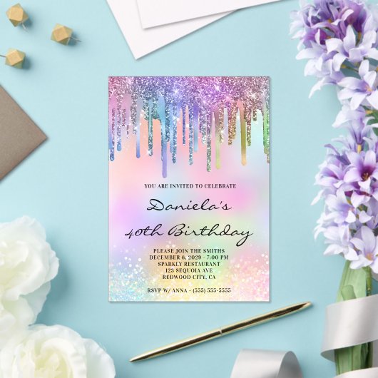 Holo Glitter Rainbow Drips 40th Birthday Acryl Uitnodigingen (Insitu (Huwelijk))