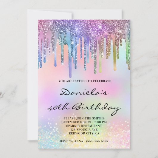 Holo Glitter Rainbow Drips 40th Birthday Kaart (Voorkant)