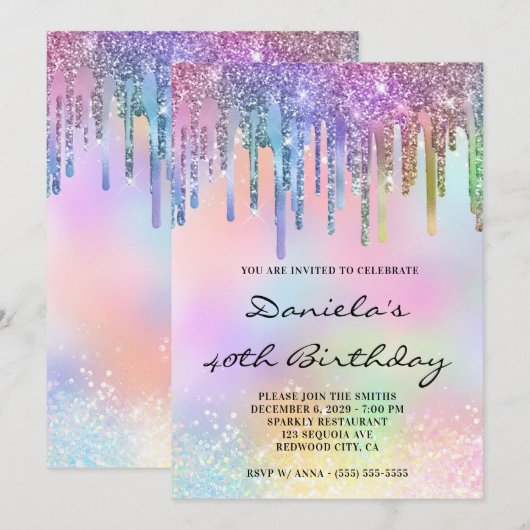 Holo Glitter Rainbow Drips 40th Birthday Kaart (Voorkant / Achterkant)