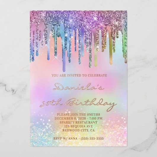 Holo Glitter Rainbow Drips 50th Birthday Folie Uitnodiging (Voorkant)