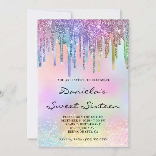 Holo Glitter Rainbow Drips Sweet Sixteen Kaart (Voorkant)