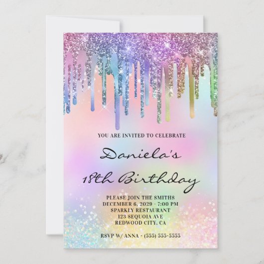 Holo Glitter Regenboog Drips 18e Verjaardag Kaart (Voorkant)