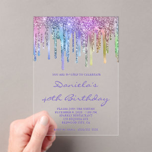 Holo Glitter Regenboog Druppels 40e Verjaardag Acryl Uitnodigingen