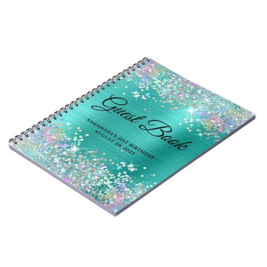 Holo Glitter Turquoise 21st Birthday Guestbook Notitieboek (Linkerzijde)