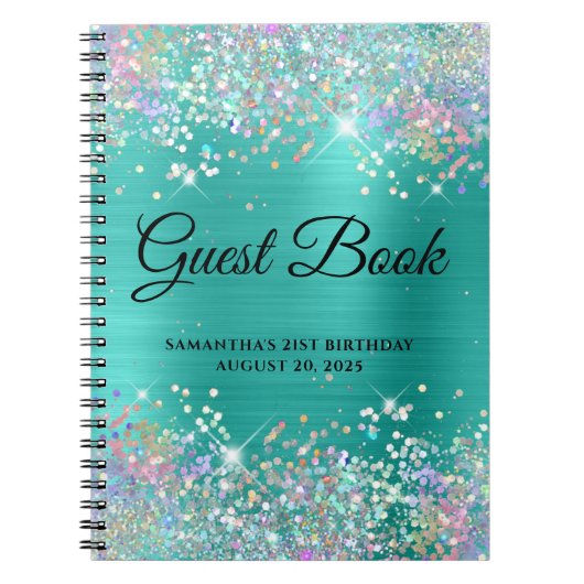Holo Glitter Turquoise 21st Birthday Guestbook Notitieboek (Voorkant)