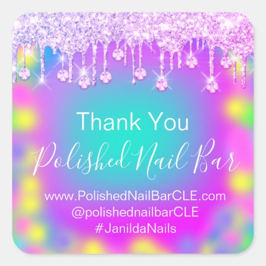 Holograaf bedankt Diamond Drip Nails Hot Pink Vierkante Sticker (Voorkant)