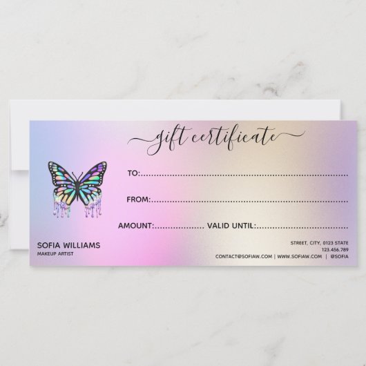 Holograaf Butterfly Certificate Cadeaukaart toevoe (Achterkant)