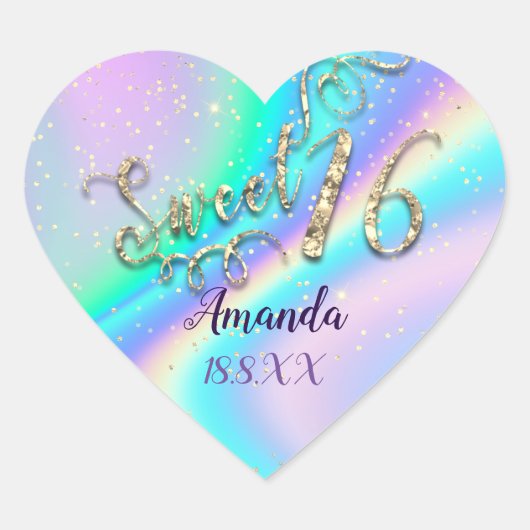 Holograaf Sweet 16th Unicorn Heart Glitter Spark Hart Sticker (Voorkant)