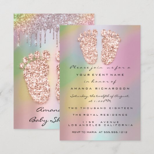 HolograafGlitter stuurt Roos Gold Baby shower Feet Kaart (Voorkant / Achterkant)