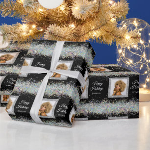 Holografi Glitter Custom Photo Text Black Elegant Cadeaupapier