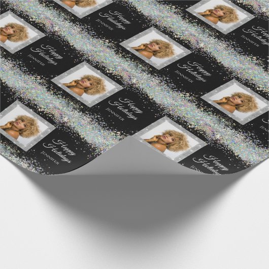 Holografi Glitter Custom Photo Text Black Elegant Cadeaupapier (Hoek)