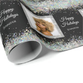 Holografi Glitter Custom Photo Text Black Elegant Cadeaupapier (Rol Hoek)