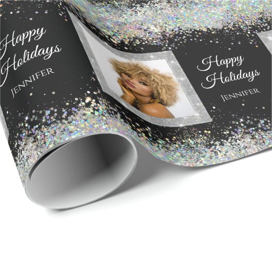 Holografi Glitter Custom Photo Text Black Elegant Cadeaupapier (Rol Hoek)