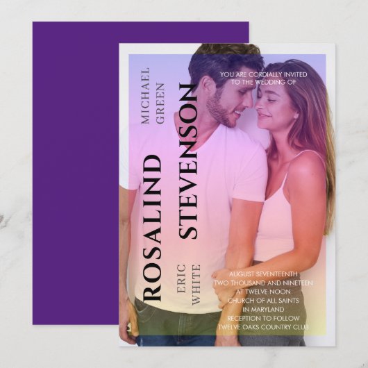 Holografie Roze Paarse Bekleding Fotobruiloft Kaart (Voorkant / Achterkant)