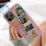 Holografisch 4 foto's raster collage naam monogram Case-Mate iPhone case<br><div class="desc">Moderne 4 foto's raster collage naam en monogram roze glitter ombre op holografische gradiënt met een collage van de fotografie</div>