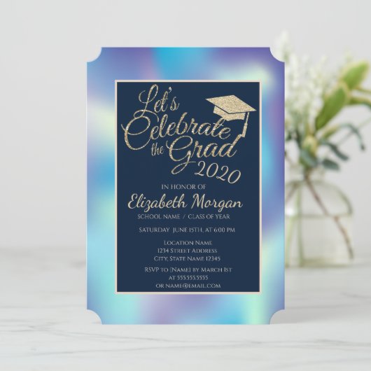 Holografisch blauw Glitter Gradup Afstuderen Kaart (Staand voorkant)