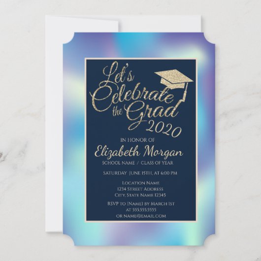 Holografisch blauw Glitter Gradup Afstuderen Kaart (Voorkant)