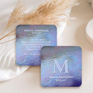 Holografisch Blauw Paarse Moderne Monogram Elegant Vierkante Visitekaartje