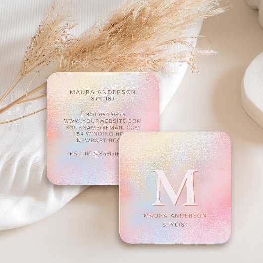 Holografisch Blush Roze Modern Monogram Elegant Vierkante Visitekaartje