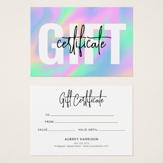 Holografisch Chic Script Cadeaucertificaat Visitekaartje (Voorkant /achterkant)