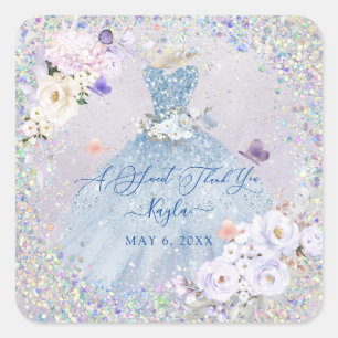 Holografisch Confetti Sweet 16 Dusty Blue Gown Vierkante Sticker