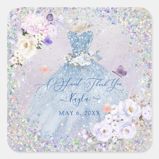 Holografisch Confetti Sweet 16 Dusty Blue Gown Vierkante Sticker (Voorkant)