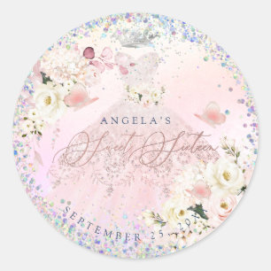 Holografisch Confetti Sweet Sixteen Blush Pink Gow Ronde Sticker