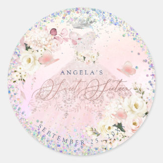 Holografisch Confetti Sweet Sixteen Blush Pink Gow Ronde Sticker
