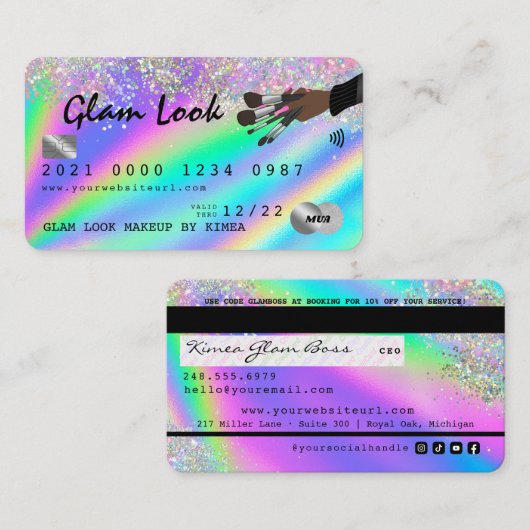 Holografisch creditcard Glitter Makeup Artist MUA Visitekaartje (Voorkant / Achterkant)