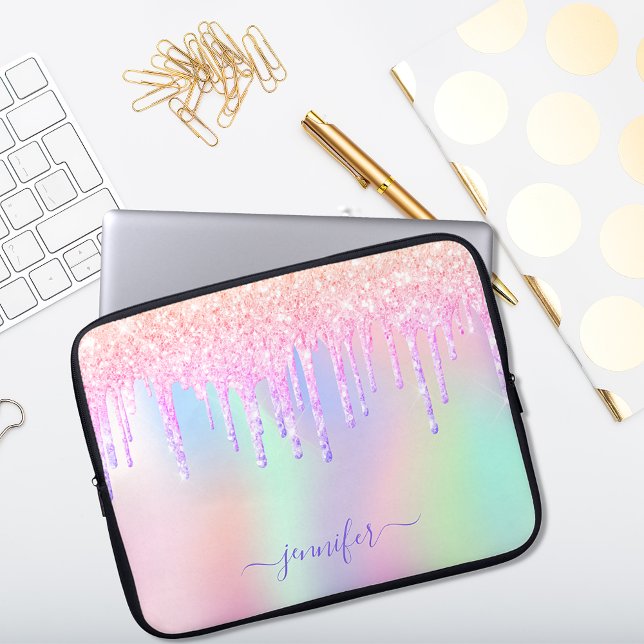 Holografisch eenhoornglitter regenboogmonogram gla laptop sleeve (Creator heeft geüpload)