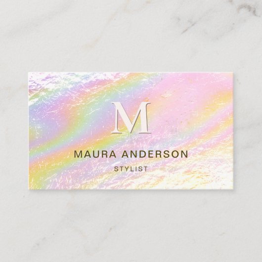 Holografisch geborsteld roze Modern Monogram Elega Visitekaartje (Voorkant)
