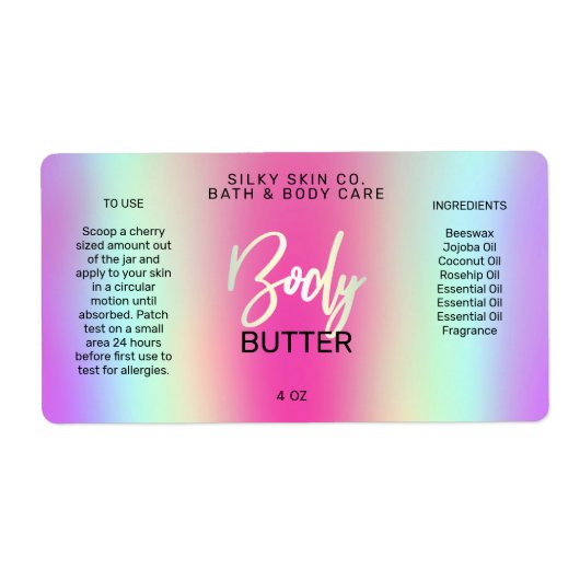 Holografisch gestileerde Neon-kleurige Body Butter Etiket (Voorkant)