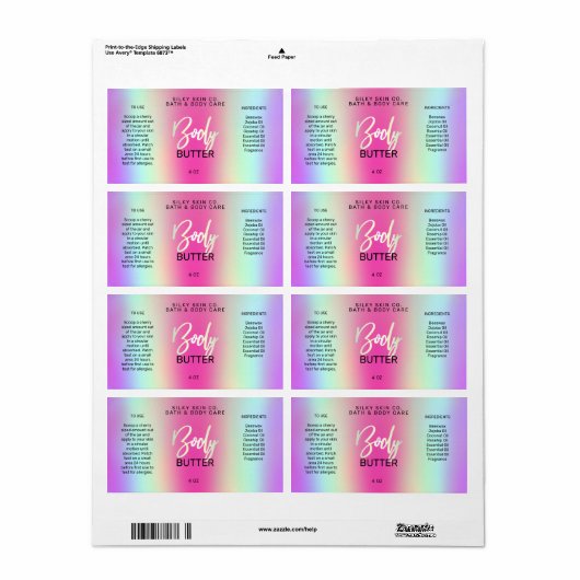 Holografisch gestileerde Neon-kleurige Body Butter Etiket (Full Sheet)