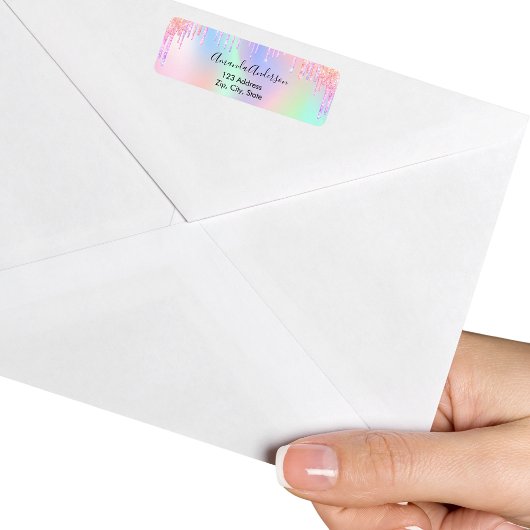 Holografisch glitter druppelt eenhoorn terugkeerad etiket