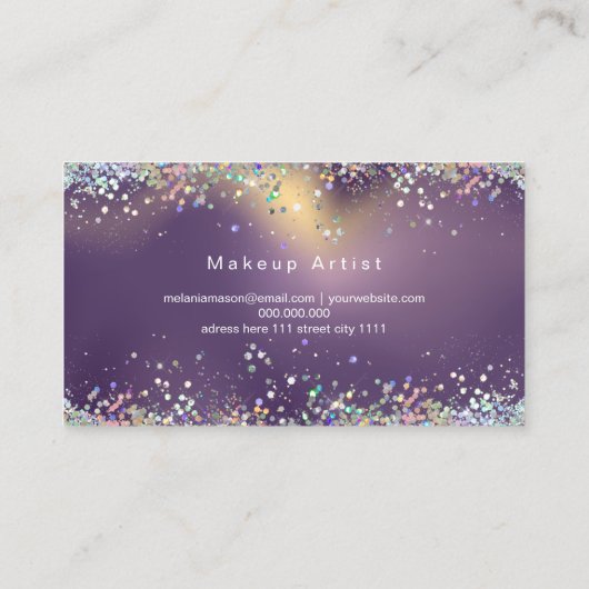 Holografisch Glitter Makeup Artiest Paars Elegant Visitekaartje (Achterkant)