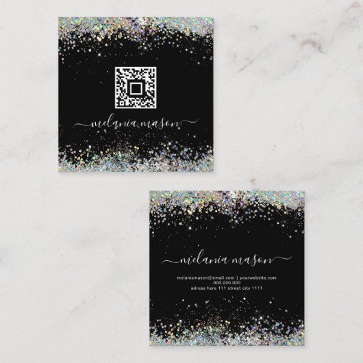 Holografisch glitter Nail artiest Black QR Code Ch Vierkante Visitekaartje (Voorkant / Achterkant)