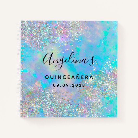 Holografisch Glitter Opal Quinceañera Guest Book Notitieboek (Voorkant)