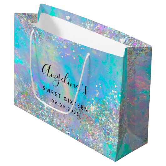 Holografisch Glitter Opal Sweet Sixteen Groot Cadeauzakje (Voorkant Gekanteld)