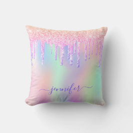 Holografisch glitter regenboogmonogram roze vonk kussen