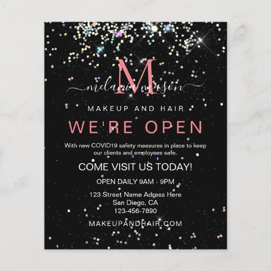 Holografisch glitter We zijn Open Salon Black Eleg Flyer (Voorkant)