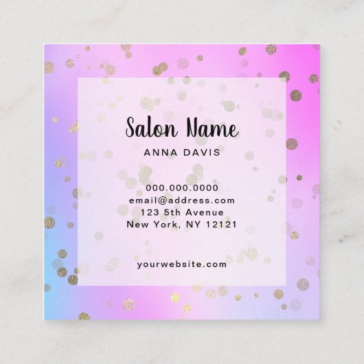 Holografisch goud confetti stippen nageltechnicus vierkante visitekaartje (Achterkant)