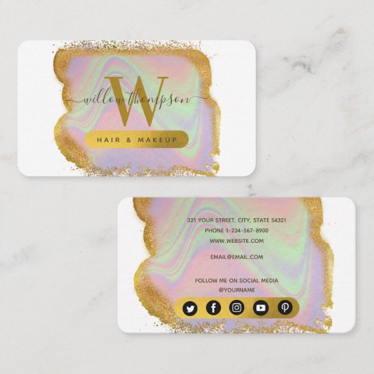 Holografisch goud Glitter Modern Hair & Makeup Visitekaartje (Voorkant / Achterkant)