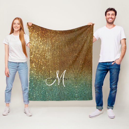 Holografisch goud Glitter Monogram Fleece Deken (In situ)