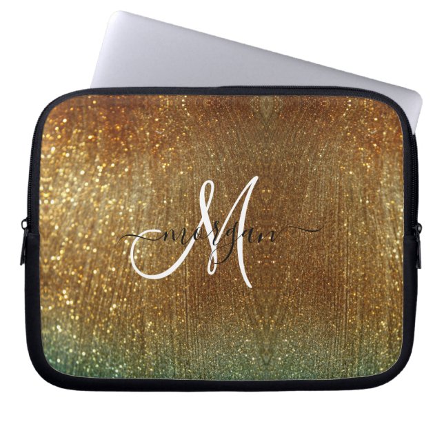 Holografisch goud Glitter Monogram Laptop Sleeve (Voorkant)